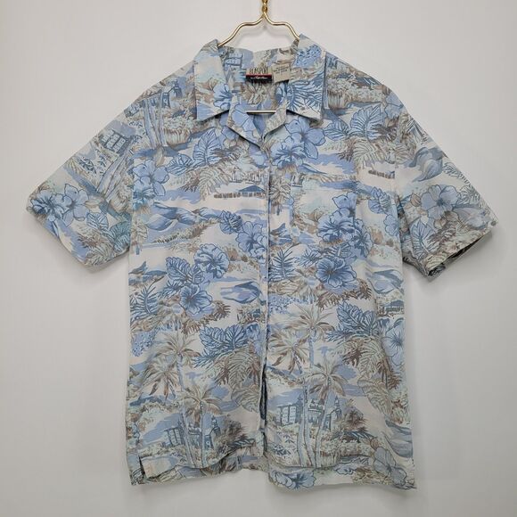 Vintage BLASSPORT Cotton Hawaiian Shirt Size L Camp Cotton Retro Blue Aloha - Picture 1 of 8